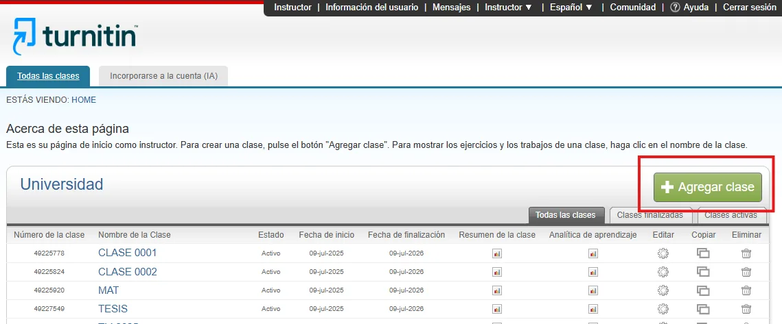 Cómo crear clases y ejercicios en Turnitin (Guía para cuentas Instructor)